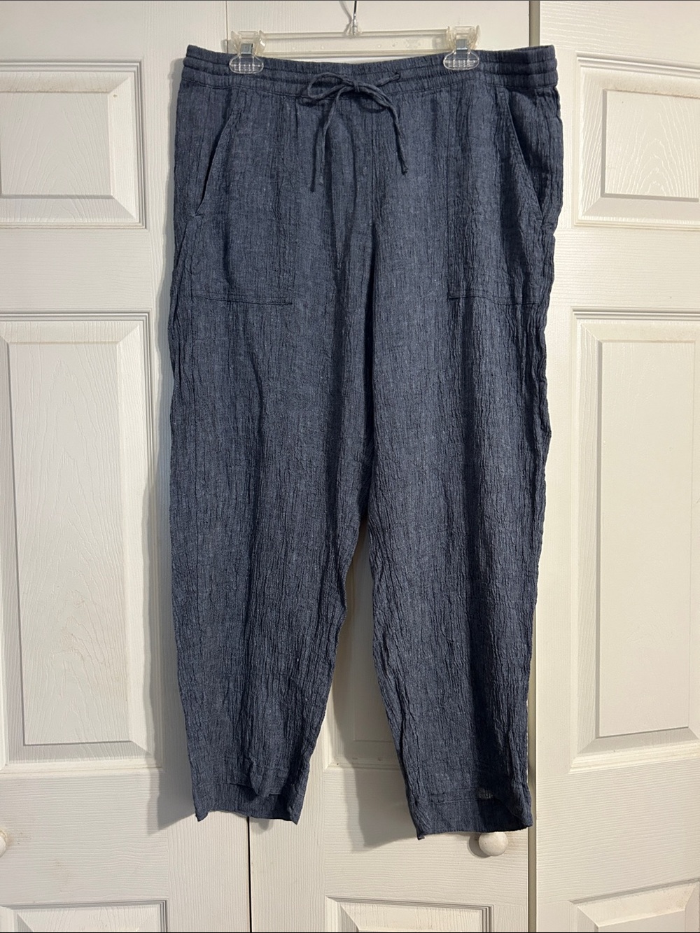 PURE JILL Large Blue Pull On Drawstring Linen-Blend Wide Leg Pants Gauzy